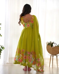 Azorte Fashion Buy Elegant Organza Silk Anarkali Set with Handwork – Dupatta & Pants Included - Green, XS (34)