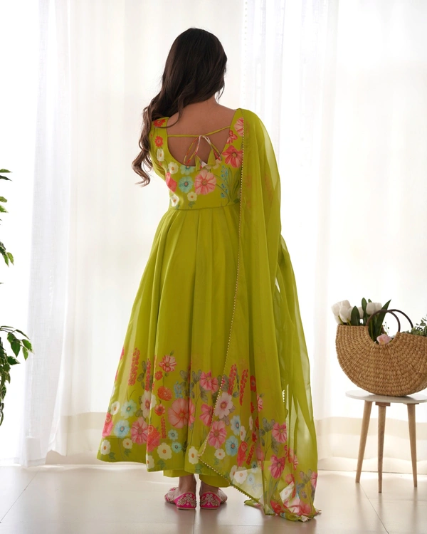 Azorte Fashion Buy Elegant Organza Silk Anarkali Set with Handwork – Dupatta & Pants Included - Green, XS (34)