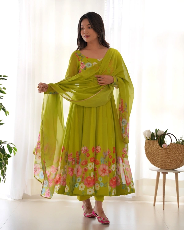 Azorte Fashion Buy Elegant Organza Silk Anarkali Set with Handwork – Dupatta & Pants Included - Green, XS (34)
