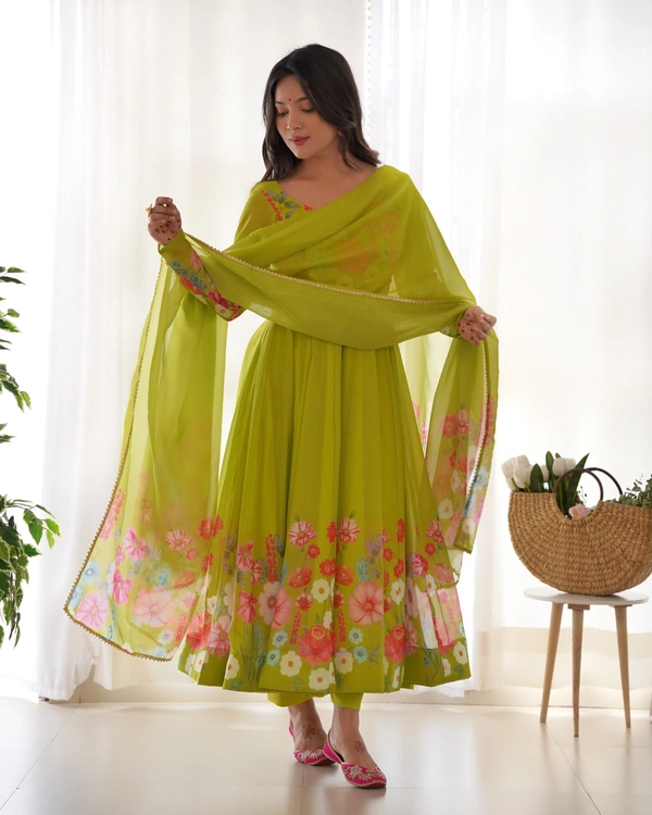 Azorte Fashion Buy Elegant Organza Silk Anarkali Set with Handwork – Dupatta & Pants Included - Green, XS (34)