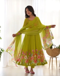 Azorte Fashion Buy Elegant Organza Silk Anarkali Set with Handwork – Dupatta & Pants Included - Green, XS (34)