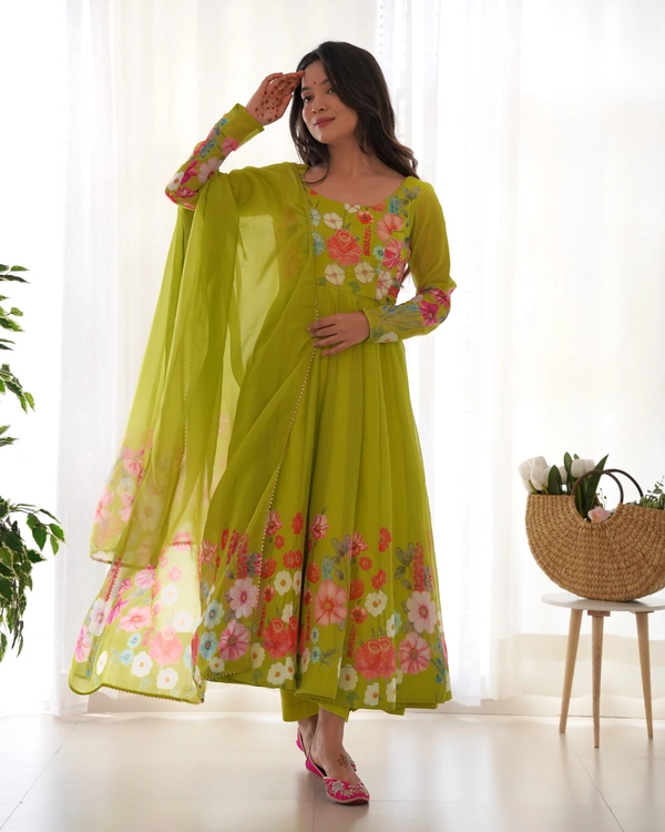 Azorte Fashion Buy Elegant Organza Silk Anarkali Set with Handwork – Dupatta & Pants Included - Green, XS (34)