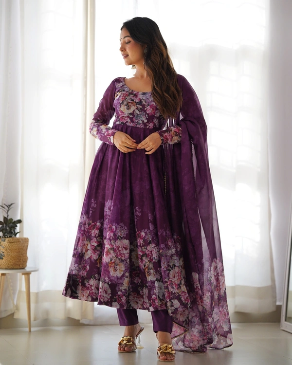 Azorte Fashion Elegant Organza Silk Kali-Cut Anarkali Set with Dupatta & Pant – Festive & Wedding Wear - Wine Berry, XXL (44)