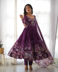 Azorte Fashion Elegant Organza Silk Kali-Cut Anarkali Set with Dupatta & Pant – Festive & Wedding Wear - Wine Berry, XXL (44)