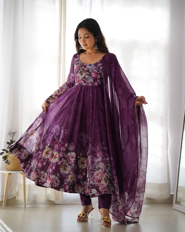 Azorte Fashion Elegant Organza Silk Kali-Cut Anarkali Set with Dupatta & Pant – Festive & Wedding Wear - Wine Berry, XXL (44)