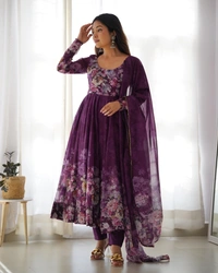 Azorte Fashion Elegant Organza Silk Kali-Cut Anarkali Set with Dupatta & Pant – Festive & Wedding Wear - Wine Berry, XXL (44)