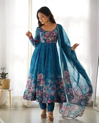 Azorte Fashion Elegant Organza Silk Kali-Cut Anarkali Set with Dupatta & Pant – Festive & Wedding Wear - Chathams Blue, XS (34)