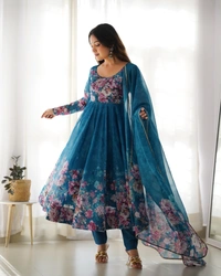 Azorte Fashion Elegant Organza Silk Kali-Cut Anarkali Set with Dupatta & Pant – Festive & Wedding Wear - Chathams Blue, XS (34)