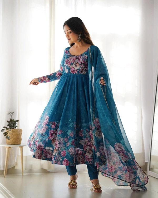 Azorte Fashion Elegant Organza Silk Kali-Cut Anarkali Set with Dupatta & Pant – Festive & Wedding Wear - Chathams Blue, XS (34)