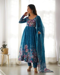 Azorte Fashion Elegant Organza Silk Kali-Cut Anarkali Set with Dupatta & Pant – Festive & Wedding Wear - Chathams Blue, XS (34)