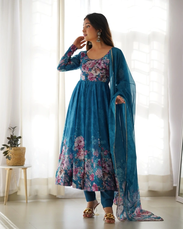 Azorte Fashion Elegant Organza Silk Kali-Cut Anarkali Set with Dupatta & Pant – Festive & Wedding Wear - Chathams Blue, XS (34)