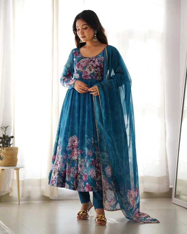 Azorte Fashion Elegant Organza Silk Kali-Cut Anarkali Set with Dupatta & Pant – Festive & Wedding Wear - Chathams Blue, XS (34)