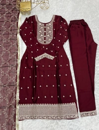 Azorte Fashion Buy Blooming Rangoli Silk Embroidered Kurta Set – Dupatta & Trousers | Azorte Fashion - Maroon, S (36)