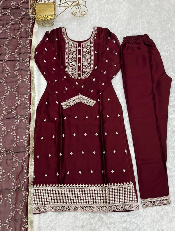 Azorte Fashion Buy Blooming Rangoli Silk Embroidered Kurta Set – Dupatta & Trousers | Azorte Fashion - Maroon, S (36)