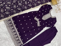 Azorte Fashion Buy Pure Vichitra Silk Kurta Set with Embroidered Dupatta & Trousers | Azorte Fashion - Purple, M (38)