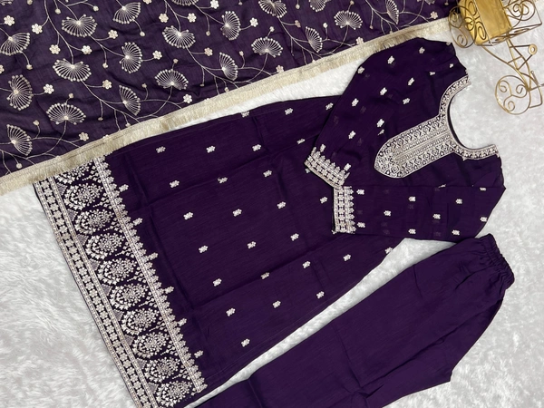 Azorte Fashion Buy Pure Vichitra Silk Kurta Set with Embroidered Dupatta & Trousers | Azorte Fashion - Purple, M (38)
