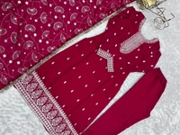 Azorte Fashion Buy Pure Vichitra Silk Kurta Set with Embroidered Dupatta & Trousers | Azorte Fashion - Pink, M (38)