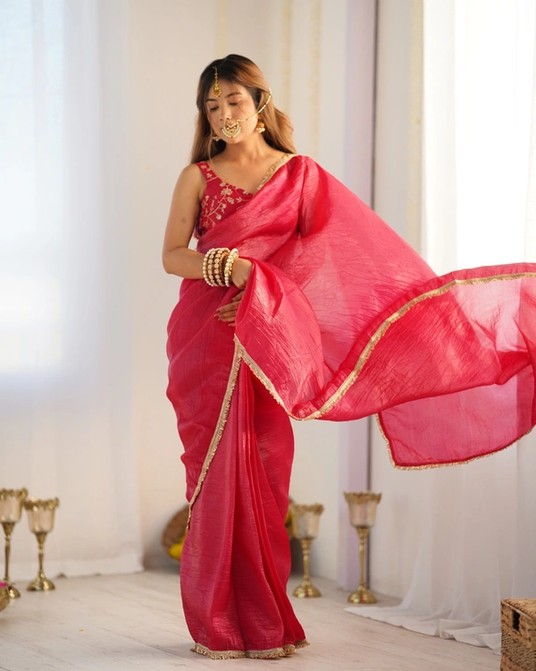 Azorte Fashion Gold Crush Tissue Silk Pre-Draped Saree with Stitched Blouse – Elegant & Ready to Wear - Mexican Red, L (40), Full Stitched Blouse
