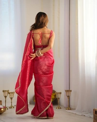 Azorte Fashion Gold Crush Tissue Silk Pre-Draped Saree with Stitched Blouse – Elegant & Ready to Wear - Mexican Red, L (40), Full Stitched Blouse