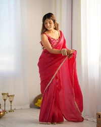 Azorte Fashion Gold Crush Tissue Silk Pre-Draped Saree with Stitched Blouse – Elegant & Ready to Wear - Mexican Red, L (40), Full Stitched Blouse