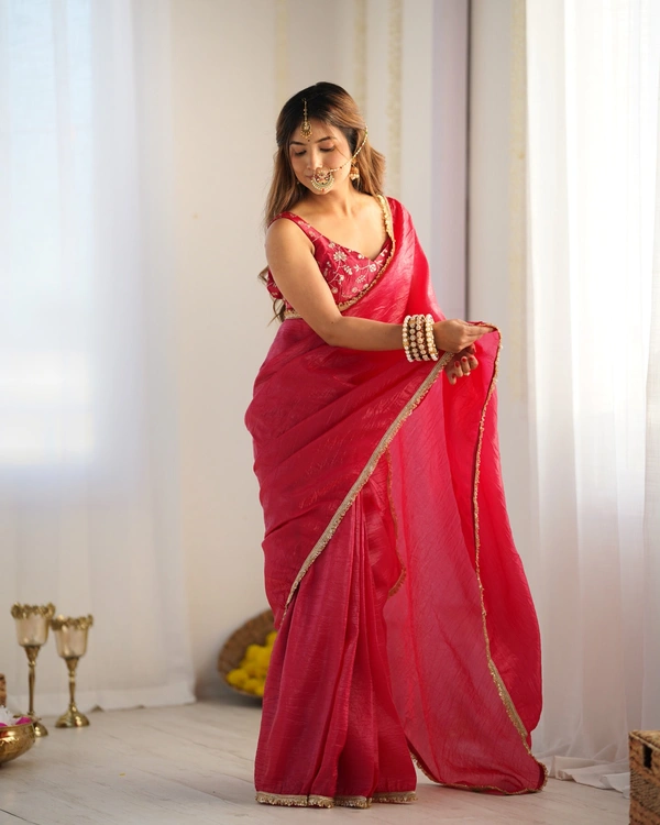 Azorte Fashion Gold Crush Tissue Silk Pre-Draped Saree with Stitched Blouse – Elegant & Ready to Wear - Mexican Red, L (40), Full Stitched Blouse