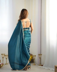 Azorte Fashion Premium Gold Crush Tissue Silk Pre-Draped Saree – Ready-to-Wear with Embroidered Blouse - Blue, XL (42), Stitched Blouse