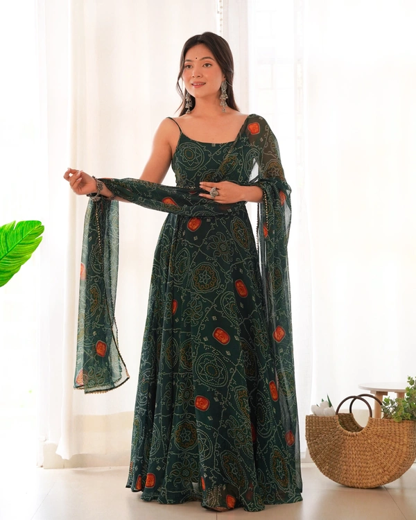 Azorte Fashion Buy Designer Chiffon Bandhej Flair Gown Set – Fully Stitched & Ready to Wear - Dark Green, M (38)
