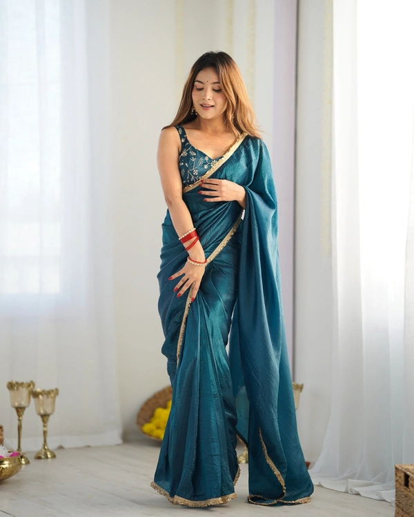 Azorte Fashion Premium Gold Crush Tissue Silk Pre-Draped Saree – Ready-to-Wear with Embroidered Blouse - Blue, XL (42), Stitched Blouse