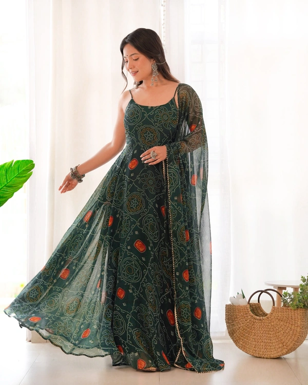 Azorte Fashion Buy Designer Chiffon Bandhej Flair Gown Set – Fully Stitched & Ready to Wear - Dark Green, M (38)
