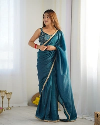 Azorte Fashion Premium Gold Crush Tissue Silk Pre-Draped Saree – Ready-to-Wear with Embroidered Blouse - Blue, XL (42), Stitched Blouse