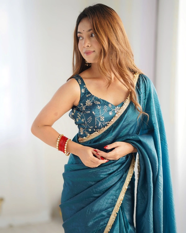 Azorte Fashion Premium Gold Crush Tissue Silk Pre-Draped Saree – Ready-to-Wear with Embroidered Blouse - Blue, XL (42), Stitched Blouse