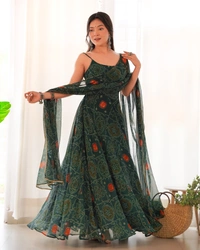 Azorte Fashion Buy Designer Chiffon Bandhej Flair Gown Set – Fully Stitched & Ready to Wear - Dark Green, M (38)