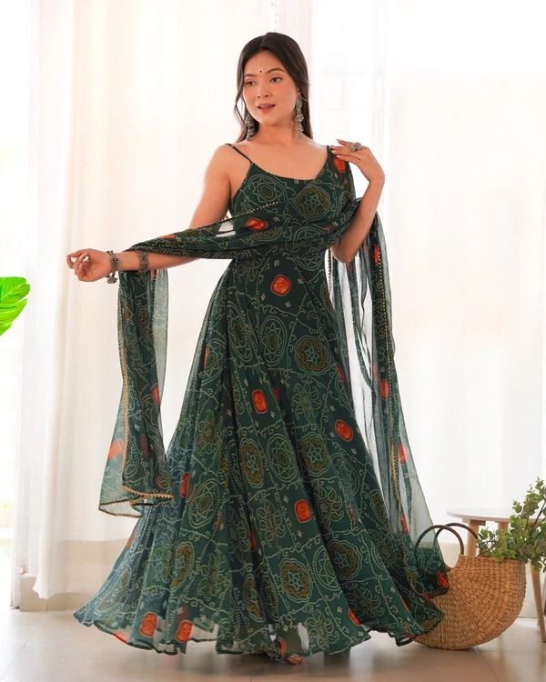 Azorte Fashion Buy Designer Chiffon Bandhej Flair Gown Set – Fully Stitched & Ready to Wear - Dark Green, M (38)