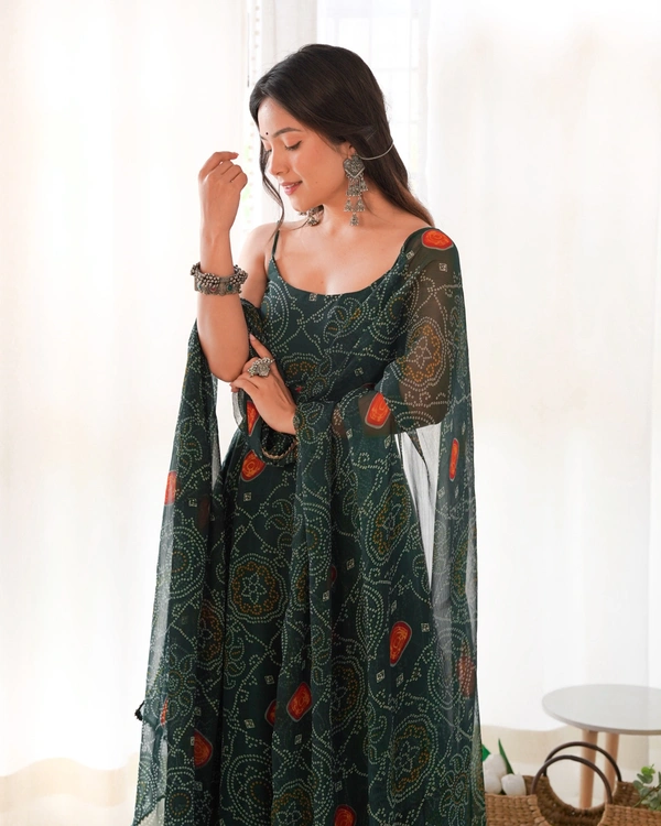 Azorte Fashion Buy Designer Chiffon Bandhej Flair Gown Set – Fully Stitched & Ready to Wear - Dark Green, M (38)