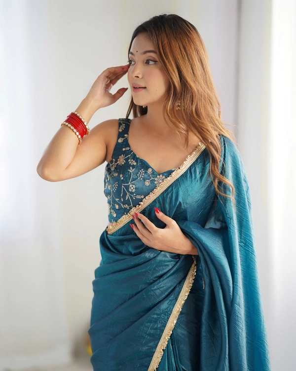 Azorte Fashion Premium Gold Crush Tissue Silk Pre-Draped Saree – Ready-to-Wear with Embroidered Blouse - Blue, XL (42), Stitched Blouse