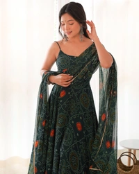 Azorte Fashion Buy Designer Chiffon Bandhej Flair Gown Set – Fully Stitched & Ready to Wear - Dark Green, M (38)