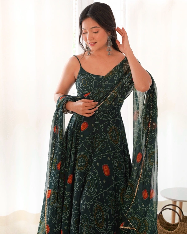 Azorte Fashion Buy Designer Chiffon Bandhej Flair Gown Set – Fully Stitched & Ready to Wear - Dark Green, M (38)