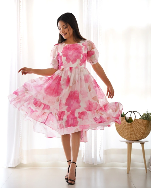 Azorte Fashion Buy Elegant Organza Silk Floral Print One-Piece Dress – Summer Collection | Azorte Fashion - S (36)
