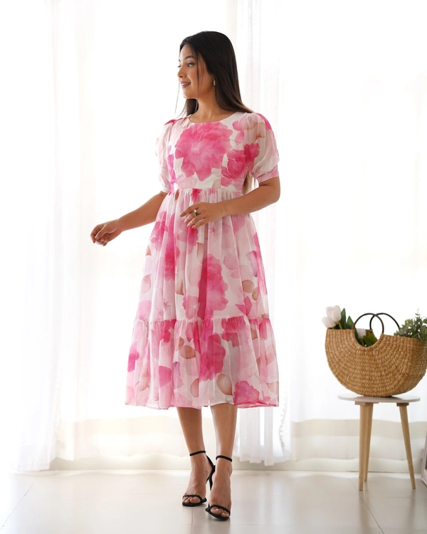 Azorte Fashion Buy Elegant Organza Silk Floral Print One-Piece Dress – Summer Collection | Azorte Fashion - S (36)
