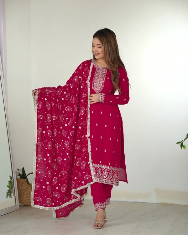 Azorte Fashion Buy Pure Vichitra Silk Kurta Set with Embroidered Dupatta & Trousers | Azorte Fashion - Pink, M (38)