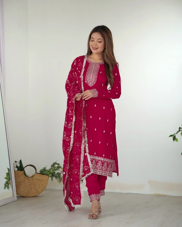Azorte Fashion Buy Pure Vichitra Silk Kurta Set with Embroidered Dupatta & Trousers | Azorte Fashion - Pink, M (38)
