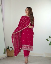Azorte Fashion Buy Pure Vichitra Silk Kurta Set with Embroidered Dupatta & Trousers | Azorte Fashion - Pink, M (38)