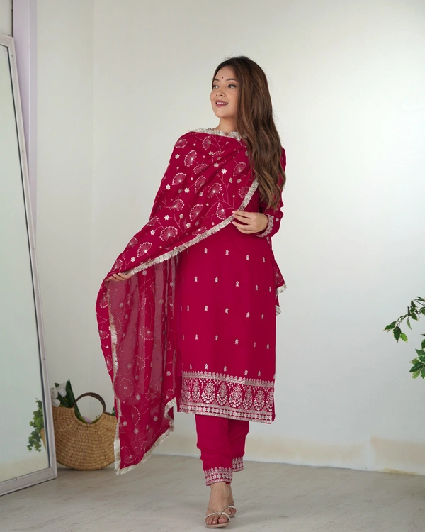 Azorte Fashion Buy Pure Vichitra Silk Kurta Set with Embroidered Dupatta & Trousers | Azorte Fashion - Pink, M (38)