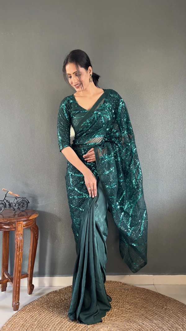 Azorte Fashion Latest Half-Half Ready-to-Wear Saree – Premium Net & Embroidery Sequins Work