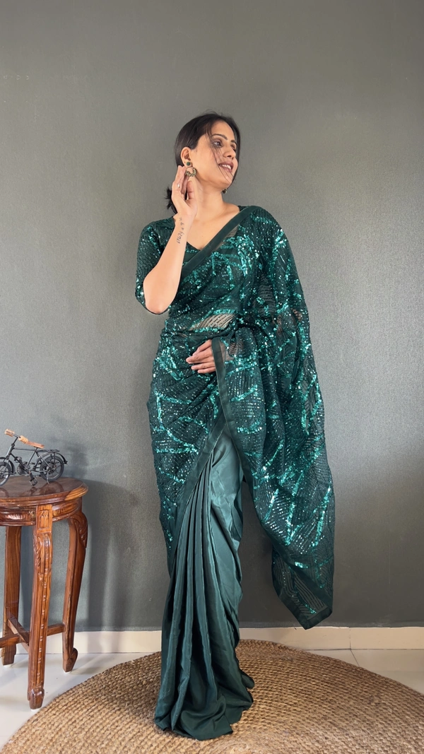 Azorte Fashion Latest Half-Half Ready-to-Wear Saree – Premium Net & Embroidery Sequins Work