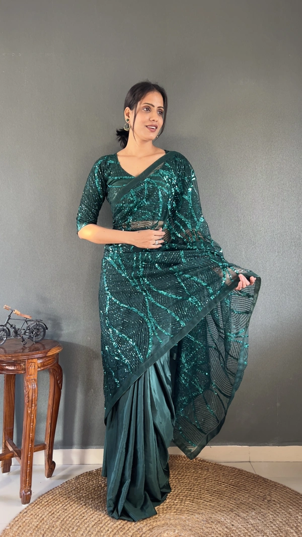 Azorte Fashion Latest Half-Half Ready-to-Wear Saree – Premium Net & Embroidery Sequins Work