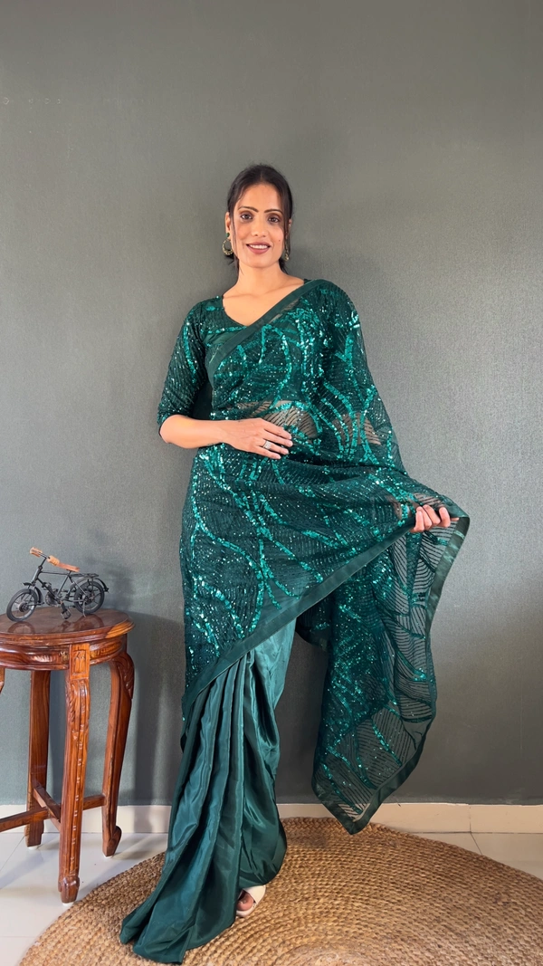 Azorte Fashion Latest Half-Half Ready-to-Wear Saree – Premium Net & Embroidery Sequins Work
