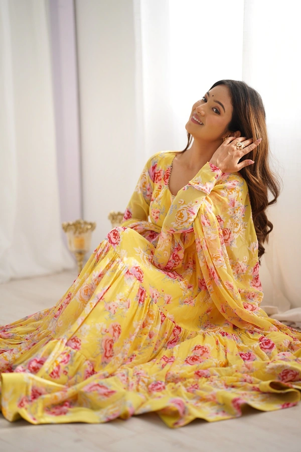 Azorte Fashion Buy Pure Soft Fox Georgette Floral Anarkali – 8.25m Flair & Dupatta | Azorte Fashion - XS (34)