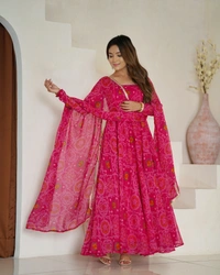 Azorte Fashion Designer Chiffon Bandhej Anarkali Set – 8m Flair, Lace Yoke & Churidar Sleeves - Brick Red, M (38)