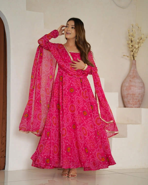 Azorte Fashion Designer Chiffon Bandhej Anarkali Set – 8m Flair, Lace Yoke & Churidar Sleeves - Brick Red, M (38)